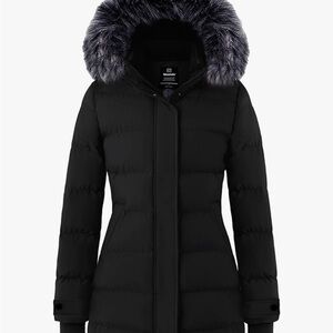 Wantdo Women's Black Winter Coat with Faux Fur Hood